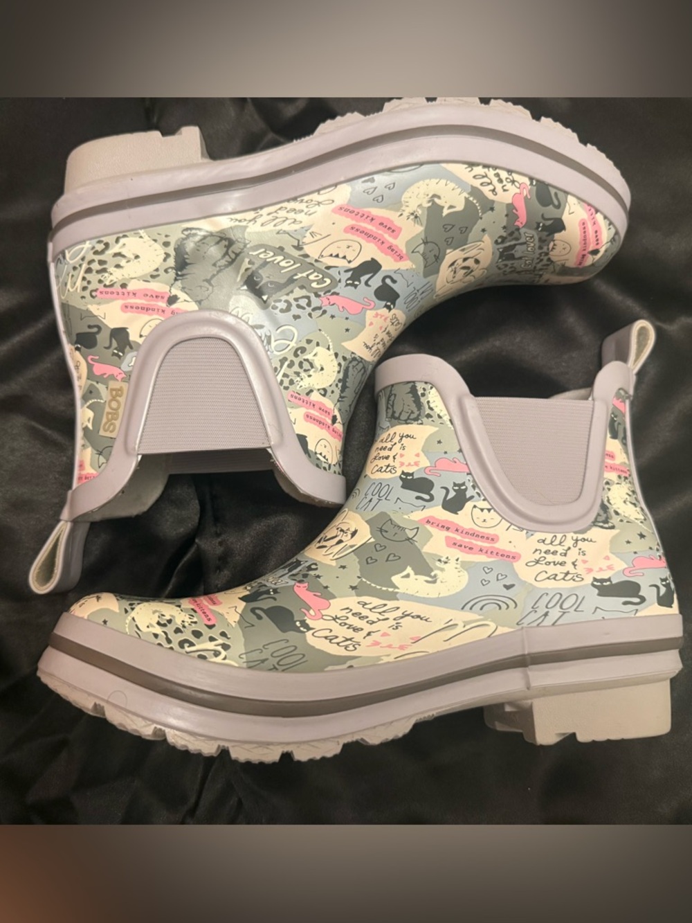 Sketcher’s BOBS for Dogs | Cat Print Rain Boots in Pastel Green & Pink